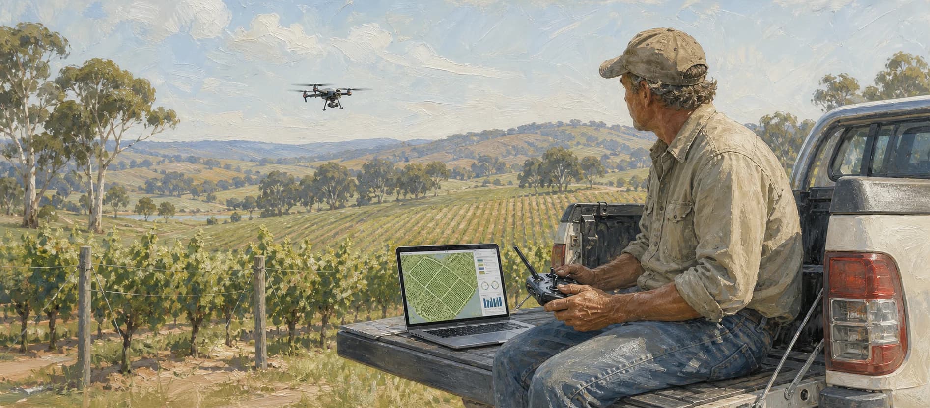 Pastel oil painting of an Australian winery farmer flying a drone while monitoring vineyard information on a laptop beside his ute