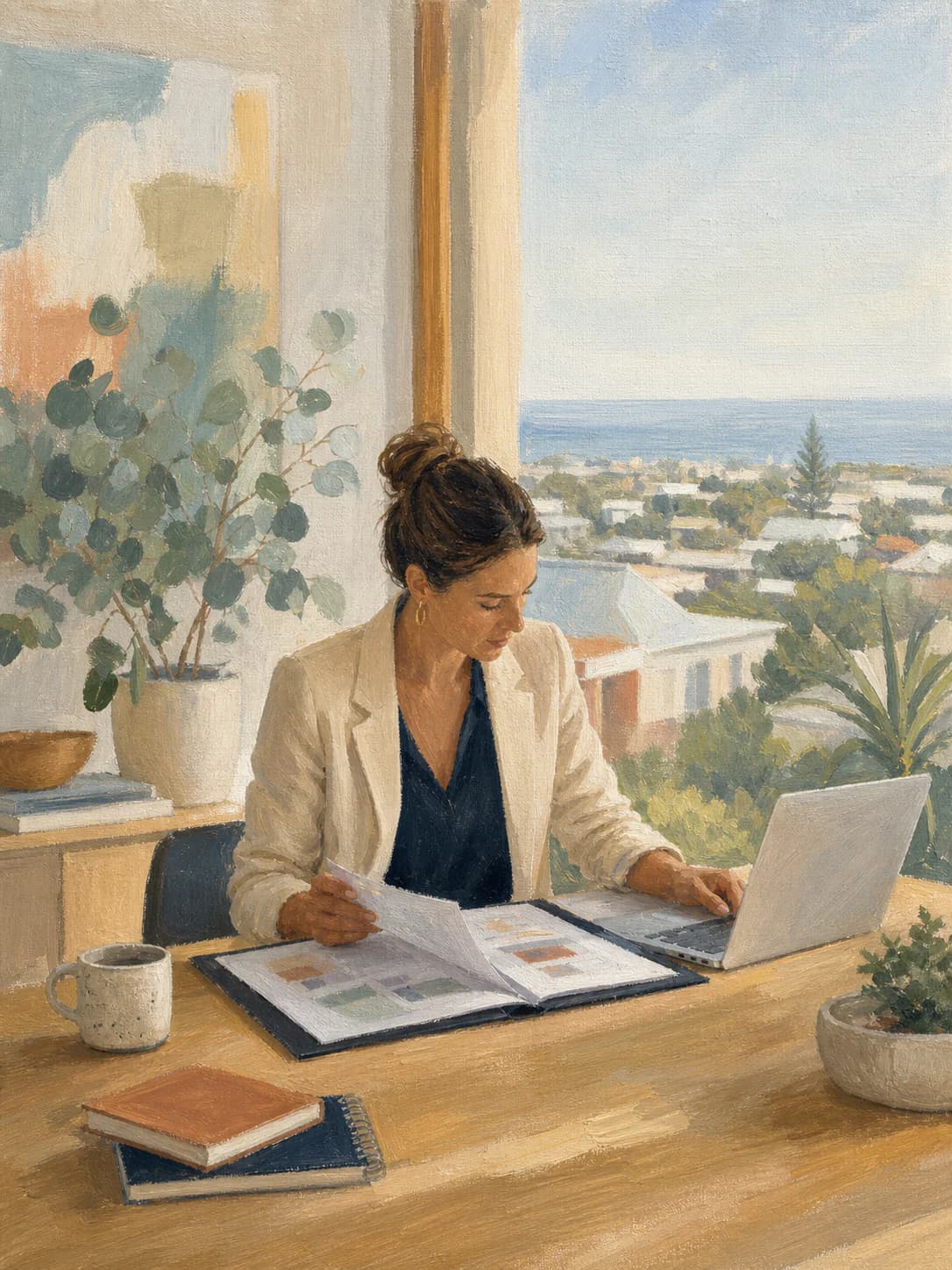 Pastel oil painting of an Australian digital business owner working with a small team