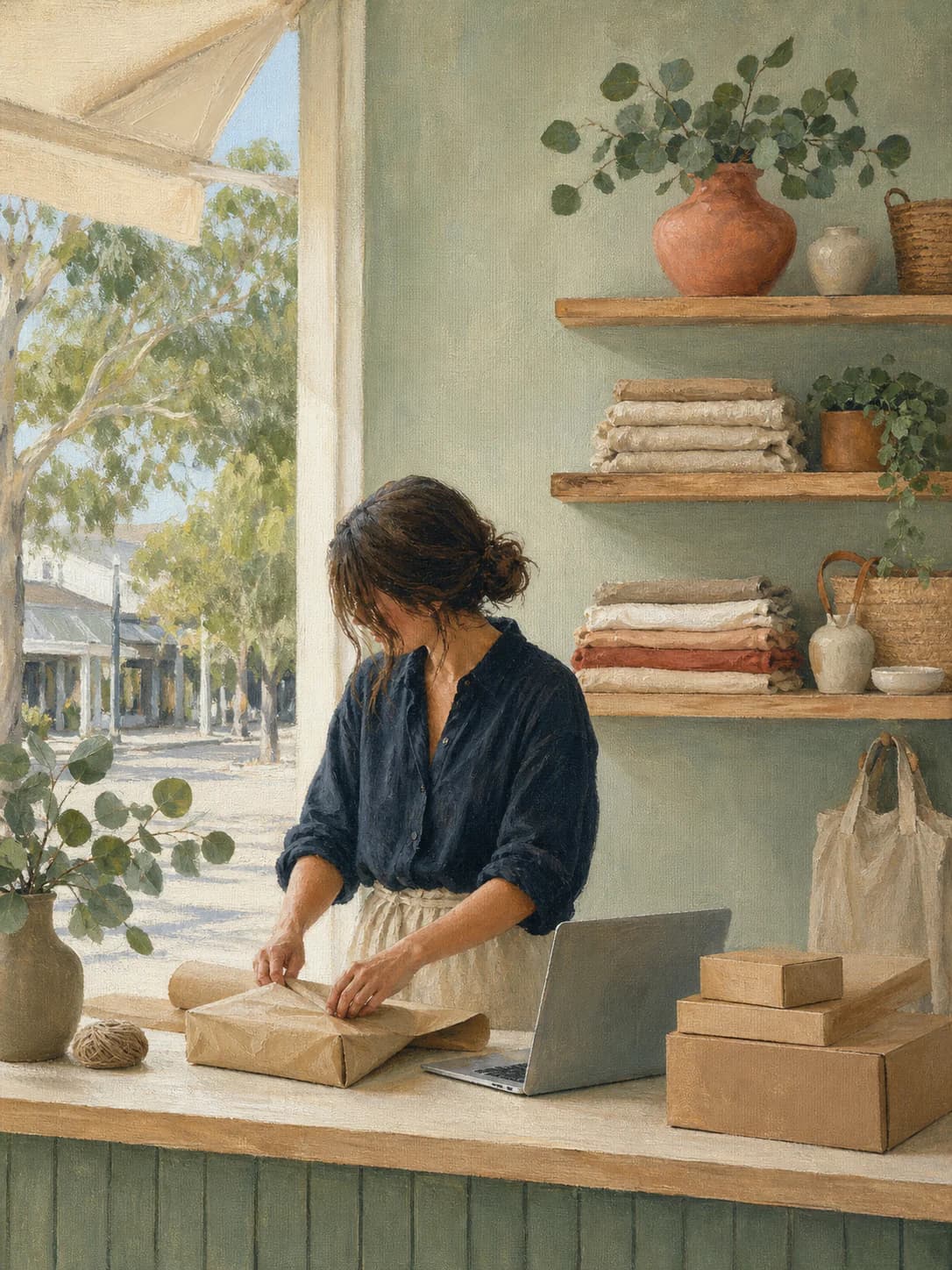 Pastel oil painting representing an Australian retail business