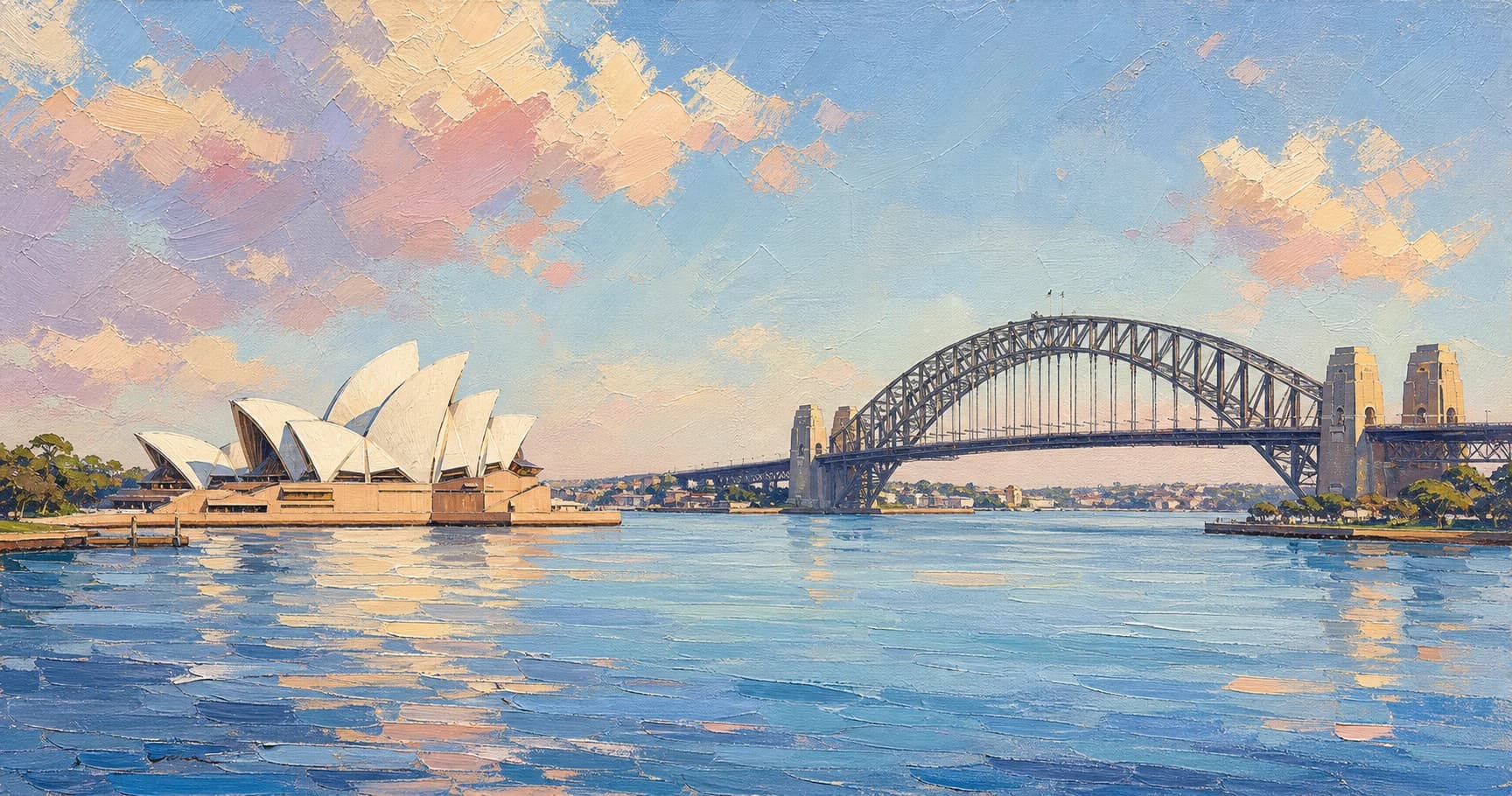Pastel oil painting of Sydney Harbour