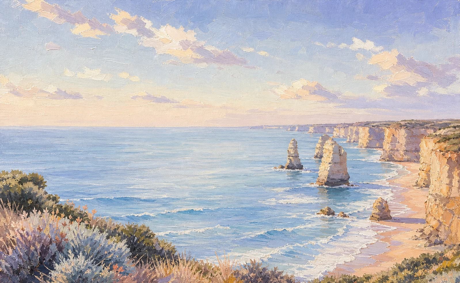 Pastel oil painting of the Twelve Apostles in Victoria